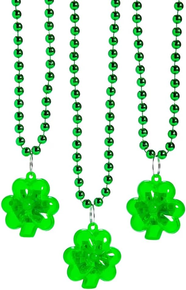 St. Patrick’s Day Light-Up Shamrock Necklaces, 12 Pack, 33" Green Beaded Party Favors with Flashing Shamrock Charms, Holiday Parade, Classroom, and Celebration Accessories