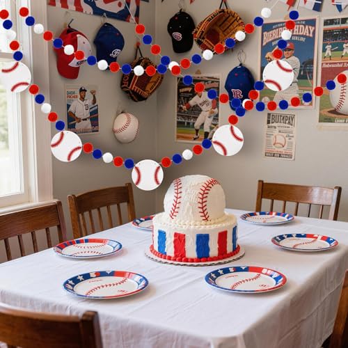 Image of 3 Pcs Baseball Decorations Baseball Felt Garlands Pre-Strung Hanging Banner Red Blue White Pom Pom Happy Party Supplies for Baby Shower Birthday Party
