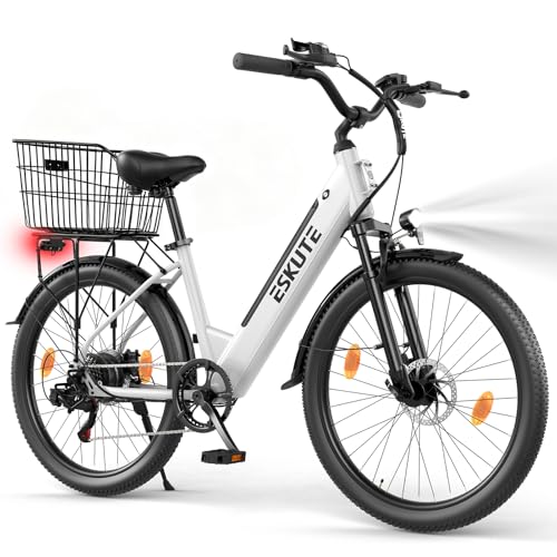 ESKUTE C100 Plus E-Bike, 26 Zoll Elektrofahrrad, E-Cityrad 250W HeckMotor, 36V 13Ah Wechselakku, bis zu 100km, LCD-Display, Tiefeinsteiger E-CityBike mit Fahrradkorb