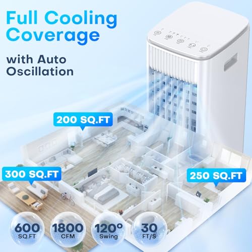 Image of Windowless Portable Air Conditioner w /Dual Tanks for 24H Cooling, 28ft Remote & Smart Timer, 120 Oscillation Evaporative Air Cooler, 3-Modes&3-Speeds Swamp Cooler Air Conditioner for Bedroom