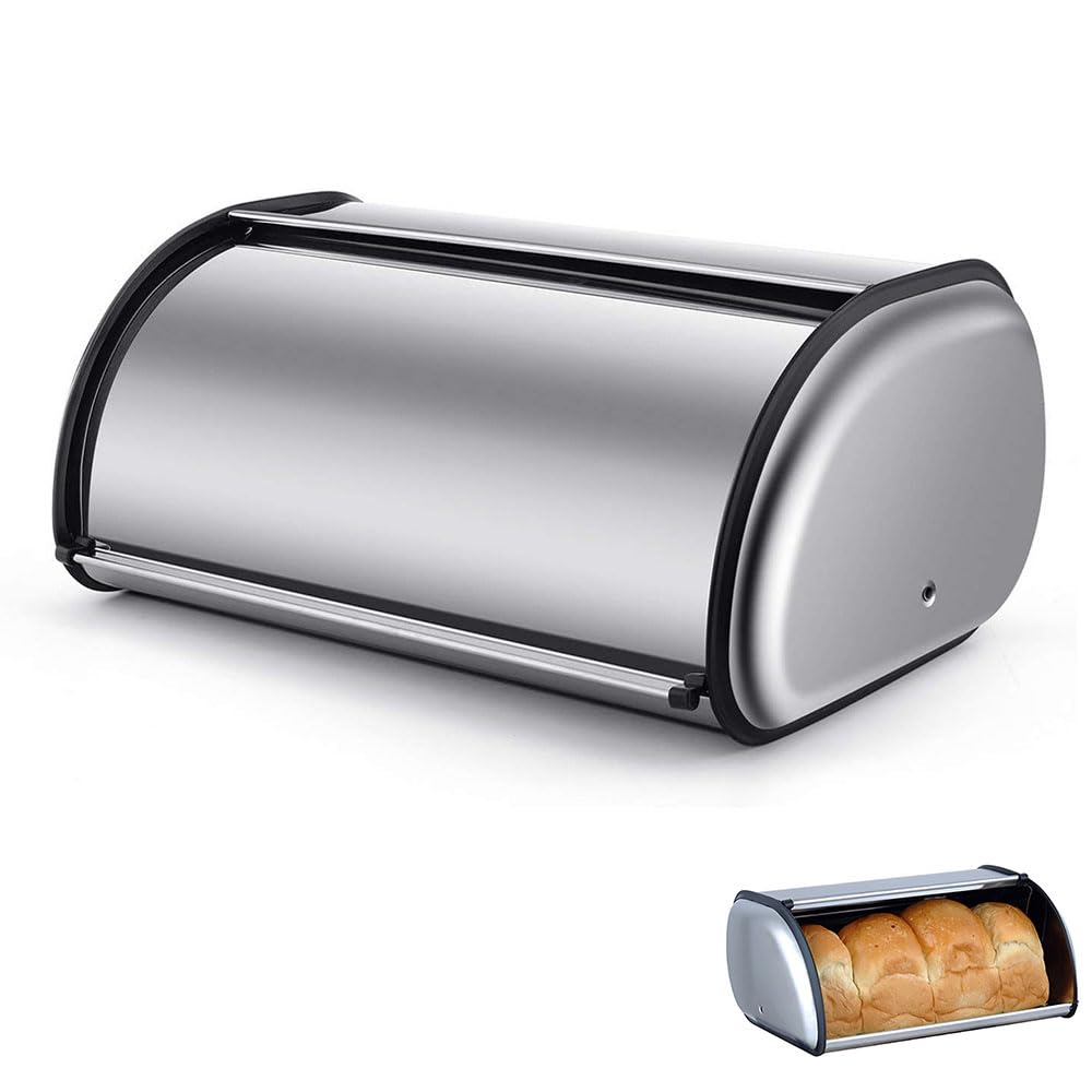 Bolivia's Bread Box for Kitchen, Stainless Steel Bread Box, Roll up Top Lid for Kitchen Countertop, Metal Large Boxs for Homemade Cake Buns Pastries Cookies (34× 23× 14.5cm)