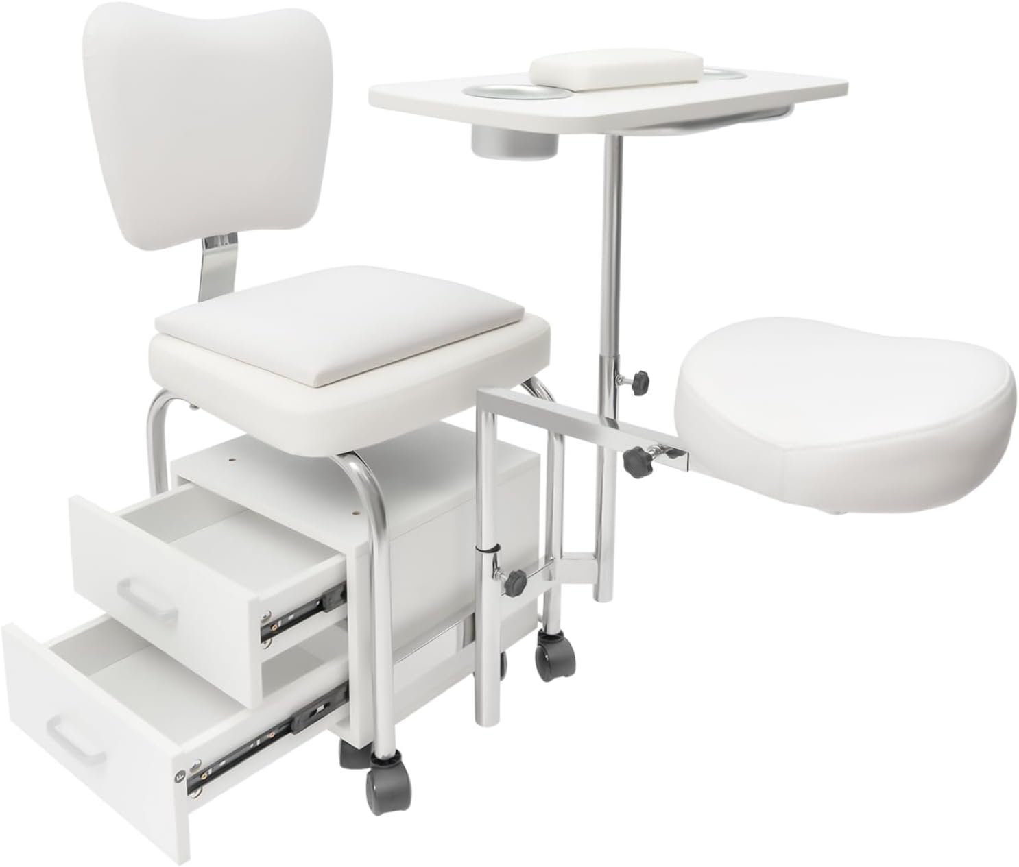 Manicure Pedicure Chair with Stool, Professional Trolley Cart with Storage Cabinet & Footrest, Rolling Salon Spa Beauty Footrest Pedicure Stool Adjustable Nail Desk Workstation for Home (White)