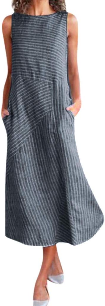 Women's Cotton Linen Maxi Dresses | Striped Print Sleeveless Long Dress with Pocket Crew Neck Casual Loose Party Dresses - L