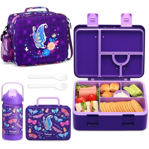 rockpapa 5 Compartment Bento Lunch Box for Kids with Uensils & Insulated Water Bottle & Lunch Bag with Strap, BPA-Free Lunch box Containers Set for...