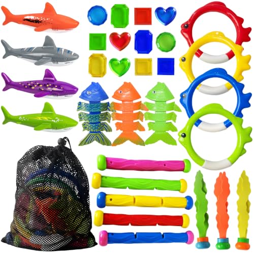 Jasonwell Pool Diving Toys Games - 31 PCS Swimming Pool Toys for Kids Teens with Diving Rings Dive Sticks Underwater Treasures Torpedo Bandits Fish Toy etc Fun Water Swim Toy for Boys Girls Adults