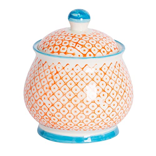 Image of Nicola Spring Patterned Sugar Bowl with Lid - Orange - Pack of 1 - Porcelain Hand Printed Sugar Pot China Kitchen Salt Jar Seasoning Spice Storage Container