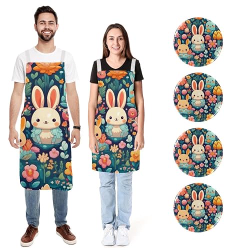 Tabliers de cuisine en lin de qualité supérieure avec broderie lapin et poches de rangement