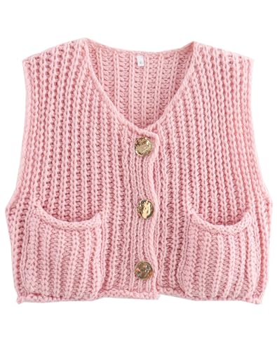 Image of Lucrosun Women's Chunky Knit Vest Button Down Sleeveless Cropped Sweater Vest (Pink-M)