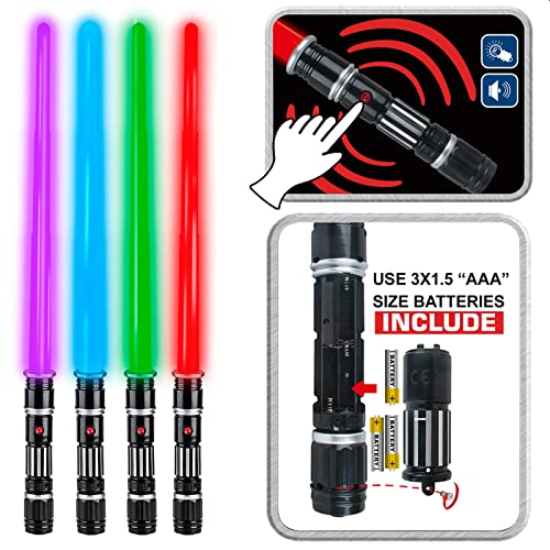 4 pack 4 colors light up led saber light swords with fx soundmotion sensitive and realistic handle expandable light up toy for kid adult warriors and galaxy war fighter halloween party xmas gift