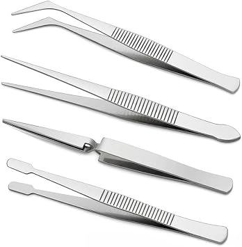 4-Piece Tweezers Set - Professional Stainless Steel Self Locking Hobby Tweezers for Craft/Jewellery/Stamps/Model Making/Electronics,Stone Picking Tool