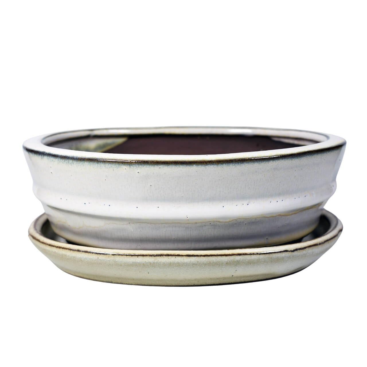 Ceramic Bonsai Pot - 180 x 145 x 60 - White Oval Bonsai Tree Planter | With a Matching Drip Tray