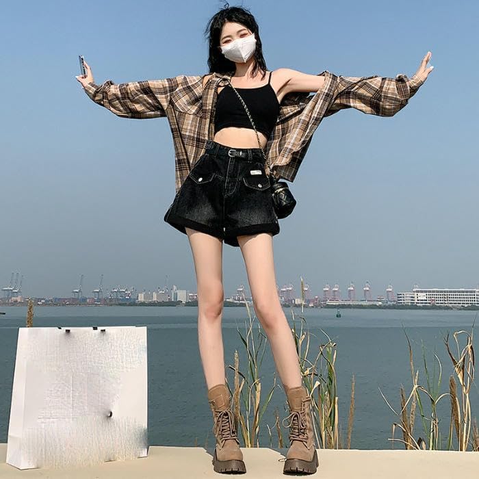 Blue High-Waist Denim Shorts Women's Thin Spring Summer Rolled-Up A-Line Wide Leg Hot Shorts