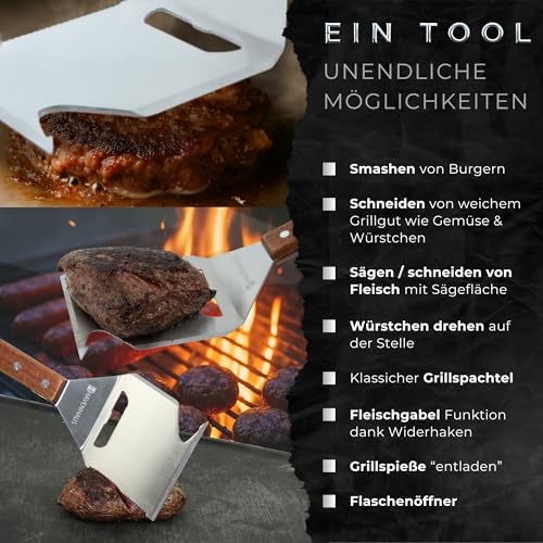 Multi Tool Grillspachtel | 8 in 1 Grillwerkzeug | Der Alleskönner auf dem Grill mit elegantem Akazienholzgriff | Grillbesteck Edelstahl | hochwertiges Grillbesteck | Grillzubehör |