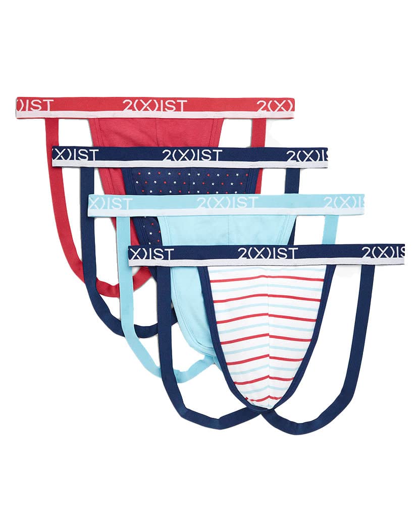 2(X)ISTBonus Pack 3+1 Stretch Jock Strap Blue Topaz/Star Print Navy/Raspberry Wine/Americana Pop Stripe LG