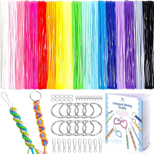 PP OPOUNT Lanyard String Kit for Friendship Bracelet & Keychain Making 18 Solid-Color Gimp Kit with Tools & Guide Plastic Boondoggle String for Adults & Family Activities Fun Craft Set for Adults
