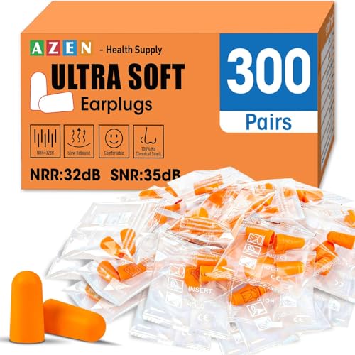 Image of AZEN 300 Pairs Ear Plugs, NRR 32dB Soft Foam Ear Plugs for Sleeping Noise Cancelling, Earplugs for Concerts Shooting Swimming Noise Reduction,Individually Wrapped (Orange)