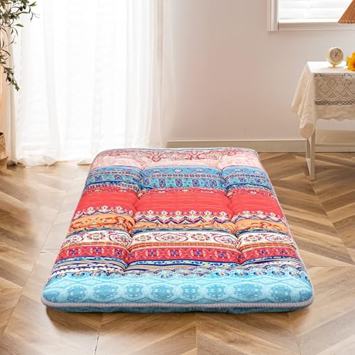 Image of MAXYOYO Bohemian Floor Cot Mattress, Japanese Floor Mattress Narrow Twin Futon Single Mat for Adults, Foldable Futon Roll Up Mat for Camping