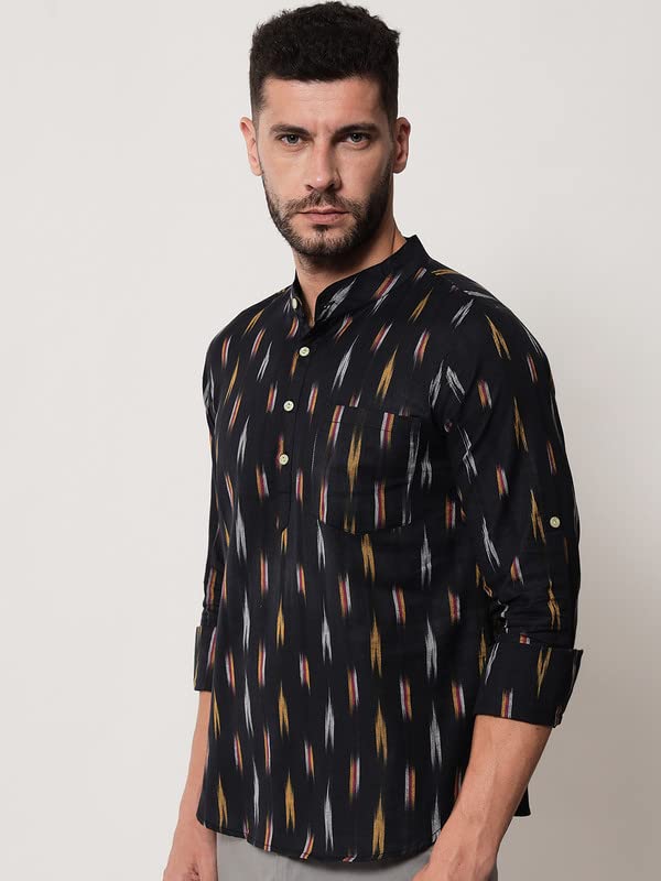 Image of Vastraa Fusion Men's Handloom Weaving Pure Cotton Short Kurta, Round Collar, Full Sleeves,Button Kurta, Ethnic Wear