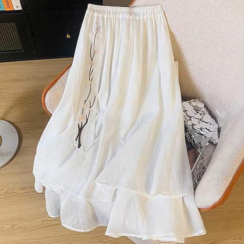 Womens Linen Maxi Skirts Summer Loose Elastic Waist Full Length Embroidered Skirt Double Layer Flowy Gauze Skirt3