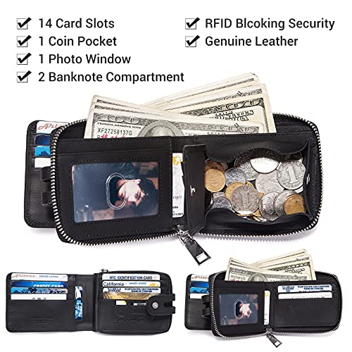 Image of Men's Leather Wallet with RFID Blocking - Bifold Zipper Wallet with Coin Pocket & 14 Card Slots (Black)