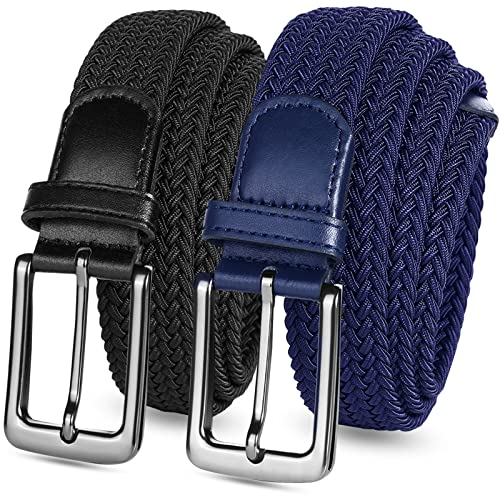 FINGER TEN Mens Stretch Belts Elastic Braided Value 2 Pack Woven Belt for Golf Casual Pants Shirts Jeans (fit for Waist Size 30-34 Black+Blue)