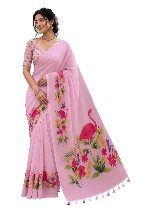 Image of Lilan Cotton Saree with White Daisy Floral Prints Tassel Pallu Lightweight Summer Saree