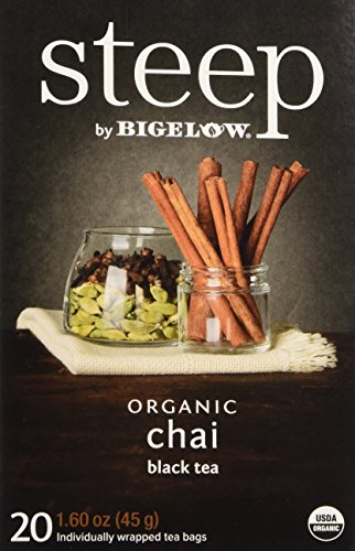 Steep by Bigelow Organic Chai 20 Count Organic Caffeinated Individual Black Tea Bags, for Hot Tea or Iced Tea, Drink Plain or Sweetened with Honey or Sugar