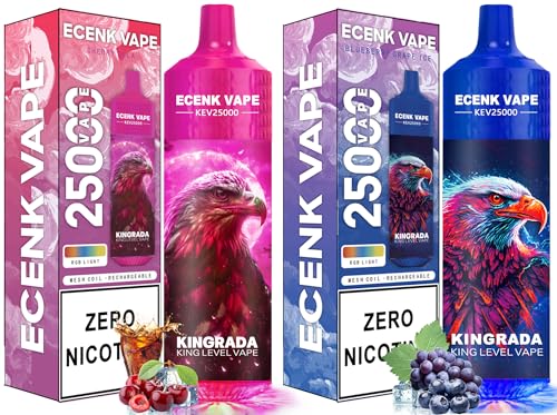 Ecenk Vaper Sin Nicotina 25000 Caladas 2 piezas Recargable Pod Desechable Cigarrillo Electrónico 10 Sabores RGB Luces de colores (Cola Cereza+Arándano Uva Hielo)