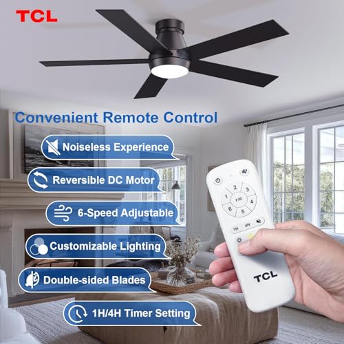 Image of TCL 52 inch Ceiling Fan with Lights, Black Flush Mount Ceiling Fans with Remote Control, 6 Speeds DC Reversible, Dimmable, Noiseless, Low Profile Ceiling Fans for Bedroom