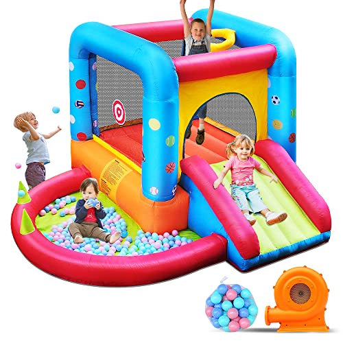 Step4Fun Inflatable Bounce House, Kids Castle Slide Bouncer for Children Jumping Outdoor and Indoor Party, Baby Backyard Water Jumper Toy with Blower, Ball Pit Pool, Ideal Giftsï¼ˆ112 x 98 x 65â€ï¼‰