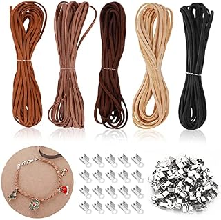 Grevosea Leather Cord for Jewellery Making, 25m X 2.6mm Leather Necklace Cord Leather String with 100 Clasp Faux Suede Cord Rope for DIY Crafts Bracelet Necklace Dream Catcher Making(5 Colors)