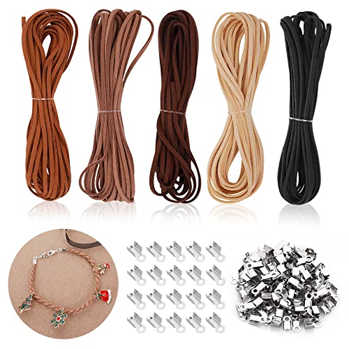 Grevosea Leather Cord for Jewellery Making, 25m Faux Suede Necklace & Bracelet Cord with 100 Clasp - DIY Crafts in 5 Colors