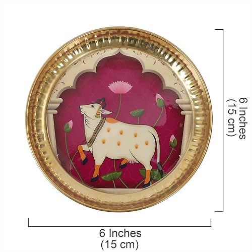 Image of Two Moustaches 6 Inches Kamdhenu Cow Design Brass Pooja Thali, Puja Aarti Thali for Home Temple, Gifts for Puja Ceremony, Brass Pooja Plate, Decorative Thali, Multicolored, Pack of 1