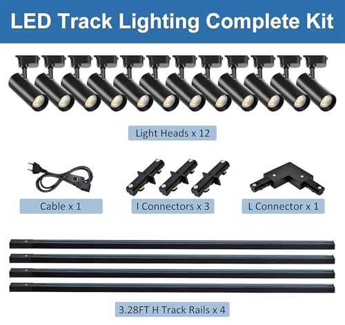 12-Lights LED schwarze Track Lighting Complete Kit Industrial Deckenleuchte, 20W 3000K schwenkbare Deckenstrahler für Schlafzimmer, Küche und Wohnzimmer mit extra 4m Schienen