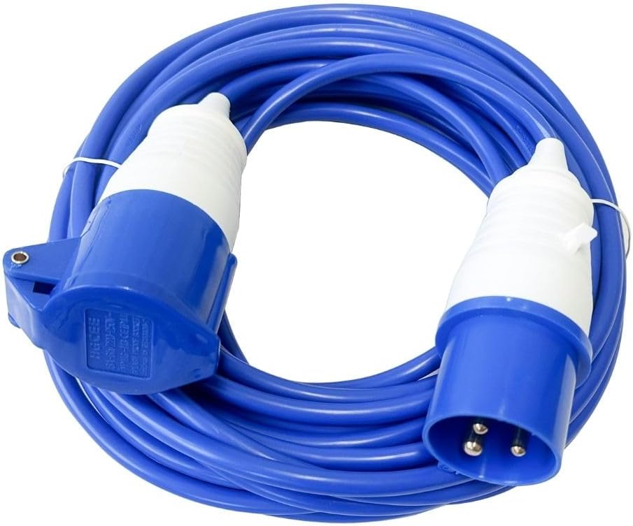 14m Caravan Hook Up Cable - 240V 16A 16 Amp Camping Extension Lead with 3 Pin Plug Mains Electric - Blue