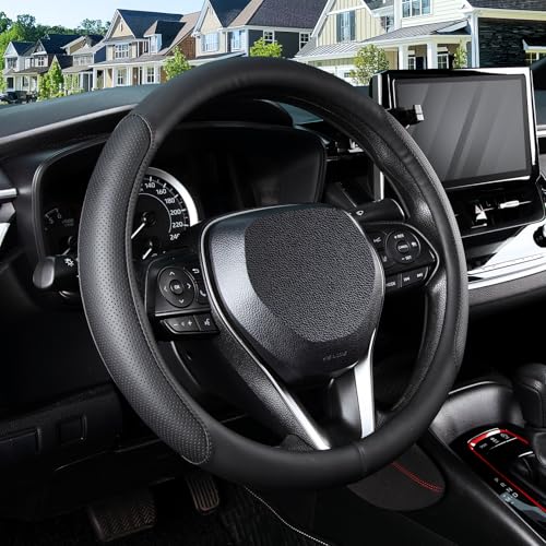 SEG Direct Steering Wheel Cover for 14.5-15 inch Wheels, Breathable PU Leather with Perforated Sides, Anti-Slip Grip, Universal Fit for Cars & SUVs, Black