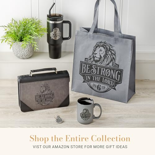 Image of Christian Art Gifts Extra Large Stainless Steel Double Wall Vacuum Insulated Travel Tumbler for Men & Women: Be Strong Scripture, Silver Laser Engraved Lion, Lid, Straw, Wide Handle, Black, 40 oz.