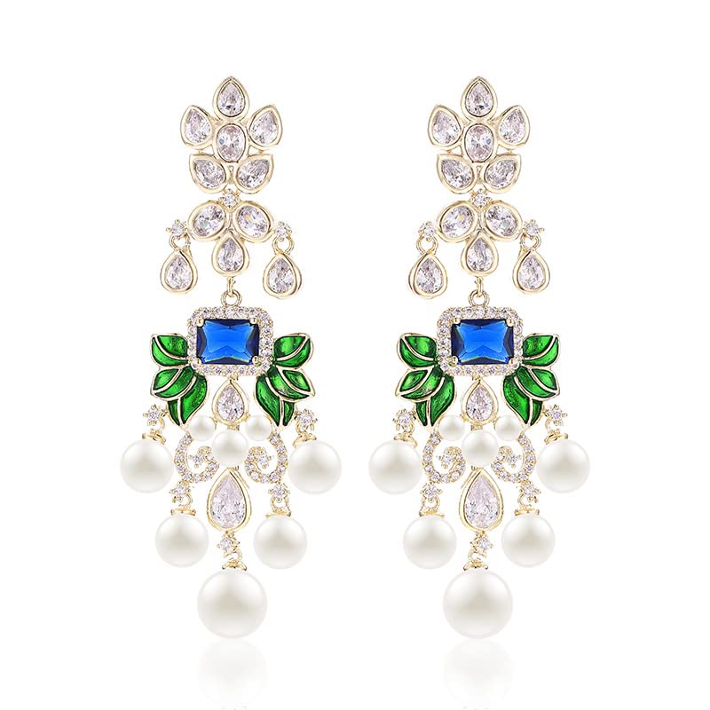 14K Gold Crystal Pearl Chandelier Earrings for Women,Floral Freshwater Pearl and Moissanite Tassel Design Drop Earrings,Fashion Jewelry Gift for Mom,Girlfriend,Wife