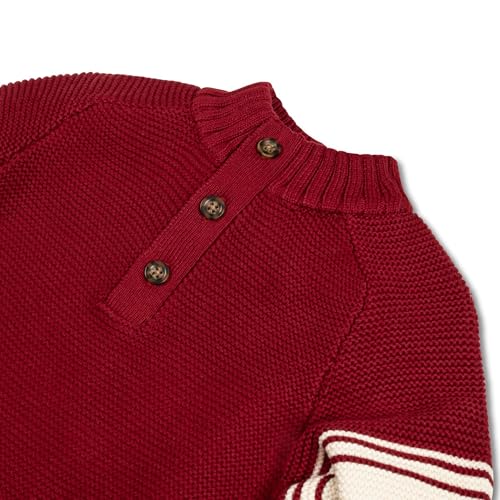 Image of Hope & Henry Boys' Long Sleeve Mock Neck Raglan Sweater with Kanga Pocket, Large, Dark Red with Sleeve Stripes
