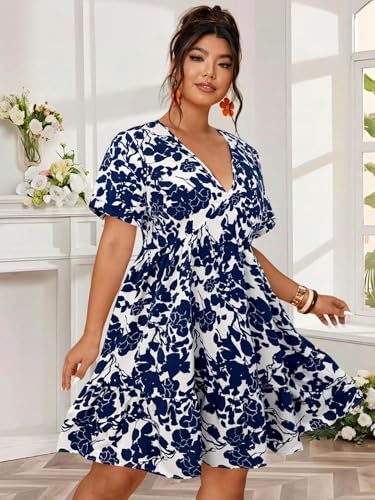 Image of Plus Size Summer Dresses for Women Casual Short Sleeves A Line Midi Dress