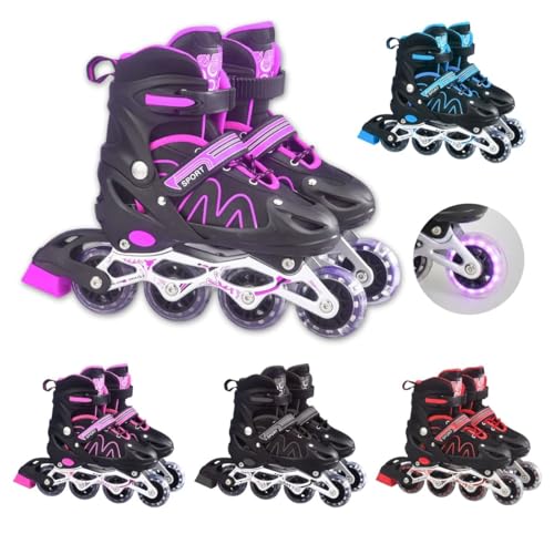 Patins Roller Ajustável Inline 4 Rodas Adulto Rodinha Led (Rosa,