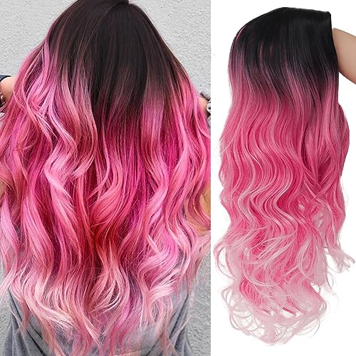 Image of Swiking Women Ombre Pink Long Curly Wig Dark Roots Wave Middle Part Synthetic Wigs for Halloween Cosplay Wig (Ombre Pink)