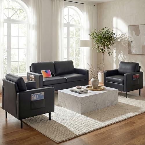 Image of Modern 3 Piece Faux Leather Couch and Chair Set, 56 Inch, USB Ports, Office
