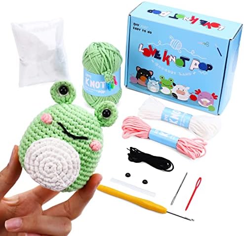 loveknotpop Beginners Crochet Kit: Animal Crochet Kit for Complete Beginner, Adults and Kids, Cute Frog, Include Easy Knitting Soft Yarn, Step-by-Step Tutorial, Accessories, Birthday Easter Gift