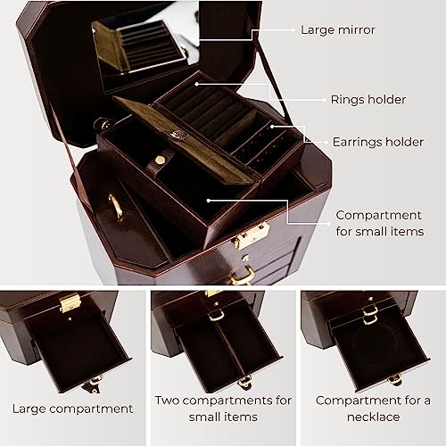 Time Resistance Leather Jewelry Box | Full Grain Leather Jewellery Organizer | Brown Accessories Storage Key Lock Box For Women (Brown) #TOP4