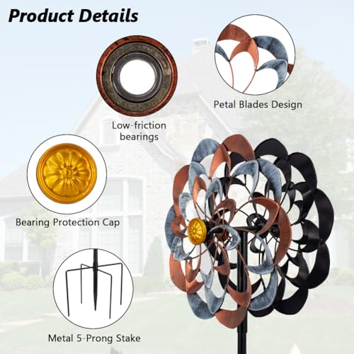 VEWOGARDEN 360° Outdoor Metal Wind Spinners Kinetic Wind Sculptures & Spinners for Yard Garden Lawn Patio Decorations, Gray & Bronze - Thumbnail 4
