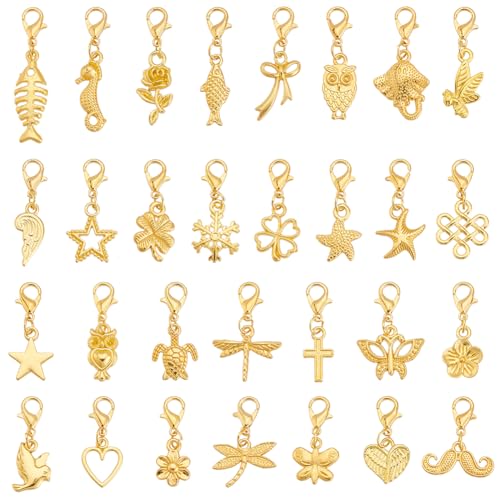 NBEADS 30 Pieza de Colgantes con Clip, Dijes Colgantes de Varios Estilos de Metal Tibetano para Marcar Puntos Hacer Pendientes Collares Joyas, Dorado