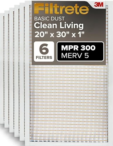 Filtrete 20x30x1 Air Filter MERV 5, 6-Pack AC Furnace HVAC Filters for Home, MPR 300 Basic Dust Defense, Pleated Electrostatic (Actual Size 19.81 x 29.81 x 0.81 in)