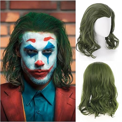 HUNIGIR Joker Wig Cosplay Mens Green Fluffy Clown Wig Heat Resistant Synthetic Wavy Hair for Halloween Anime Costume