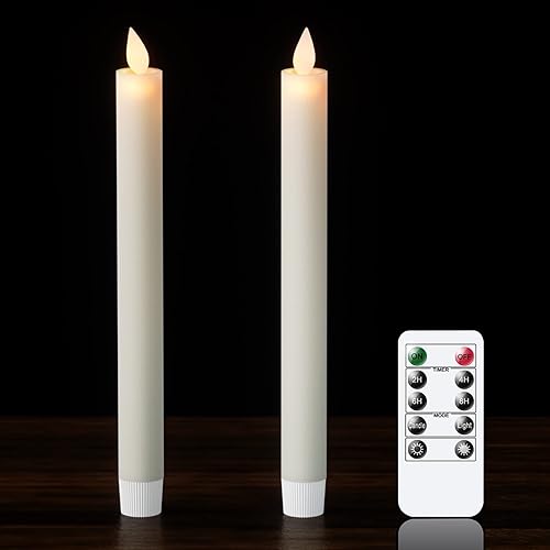 Velas cónicas parpadeantes sin llama con control remoto y temporizador, funciona con pilas, juego de 2 velas LED de mecha móvil de color marfil,